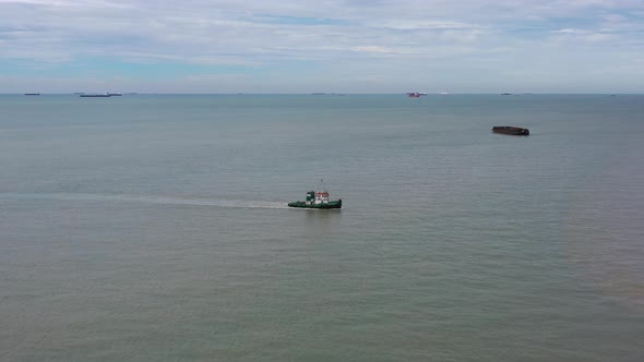 Aerial view of a barge in the street of Malacca