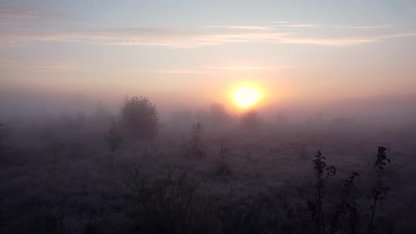 Morning fog in the valley with rising sun on the background