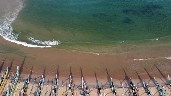 Traditional Sri Lanka Fishing Boats on the Beach. Aerial Drone Footage