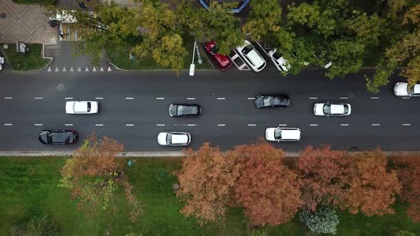 Drone Point of View: Aerial City Traffic, Top Down View of Freeway Busy City Rush Hour Traffic Jam alt