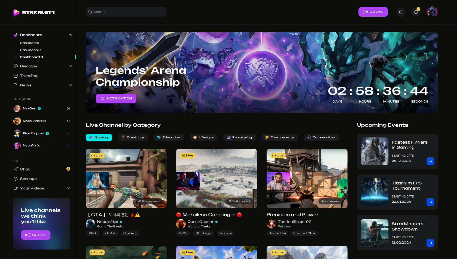 Streamity – Gaming and Streaming Dashboard UI for Adobe Photoshop