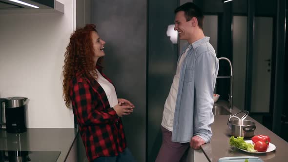 Young Happy Couple or Friends Talking in the Kitchen and Looking at Each Other alt