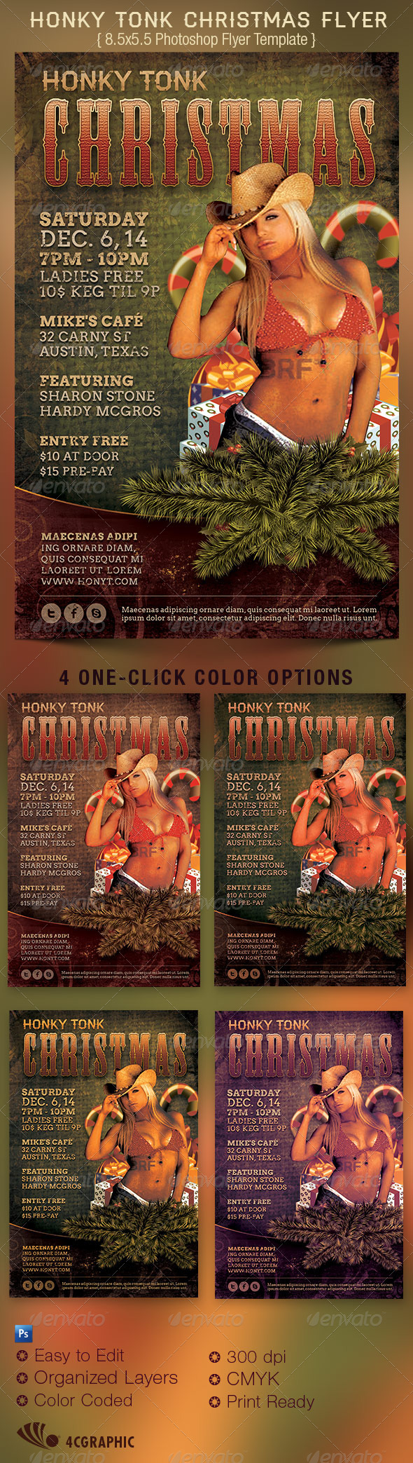 Honky Tonk Country Christmas Flyer Template - Clubs & Parties Events