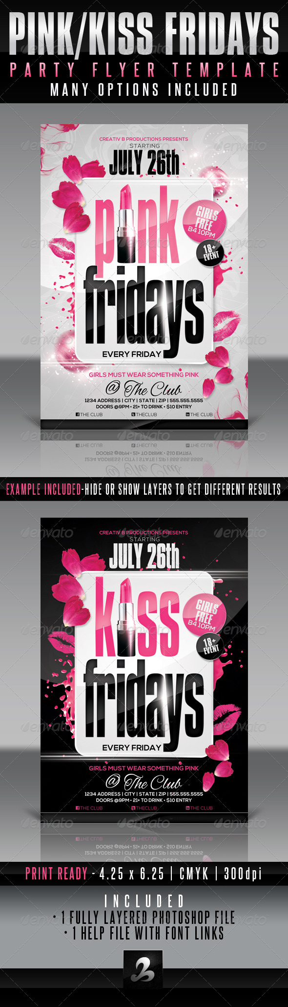 Pink / Kiss Fridays Party Flyer Templates - Clubs & Parties Events