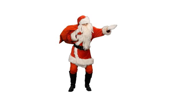 Santa Claus With Gifts Bag Looking Into Distance and Waving Hand