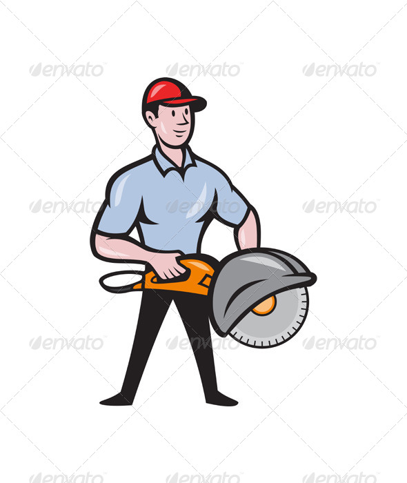 Construction Worker Concrete Saw Consaw Cartoon - People Characters