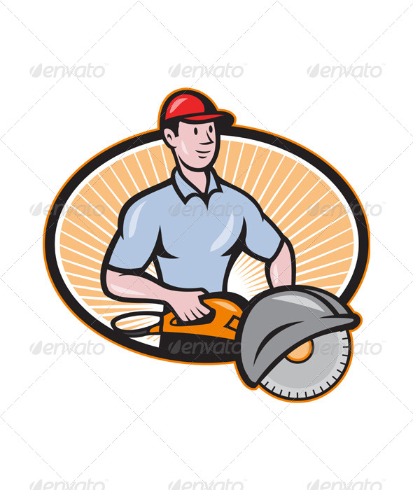 Construction Worker Concrete Saw Consaw Cartoon - People Characters
