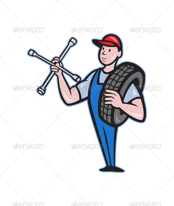 Mechanic With Tire Socket Wrench And Tire - People Characters