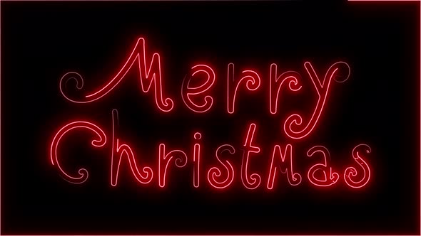 Merry Christmas neon letters glowing on black background splash.