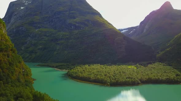 Geiranger Fjord and Lovatnet Lake Aerial View in Norway alt