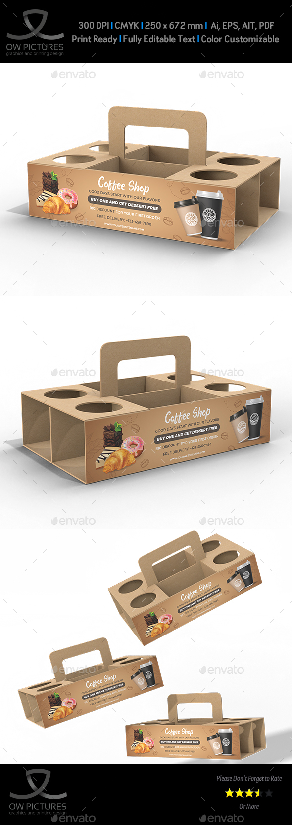 Cups Coffee Carrier with Handles Packaging Template