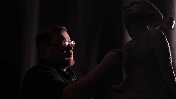 Man Sculptor Creates Sculpt Bust Clay Human Woman Sculpture