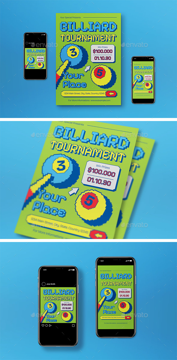 Green Y2K Pixelated Billiard Tournament Flyer Set