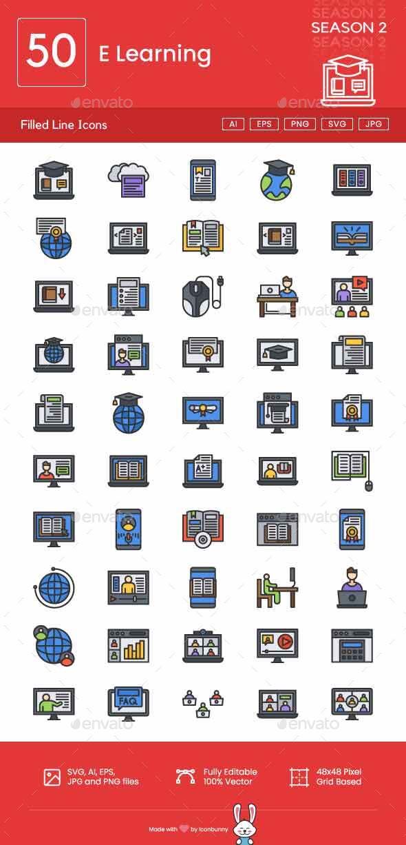 E Learning Filled Line Icons