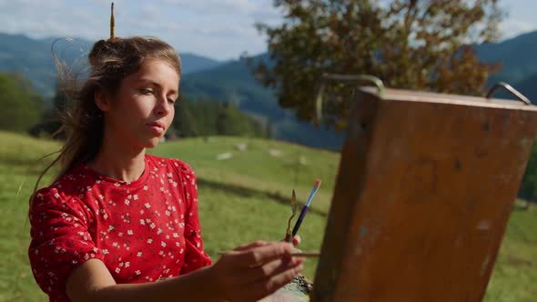 Portrait Girl Painter Drawing on Easel Summer Day alt