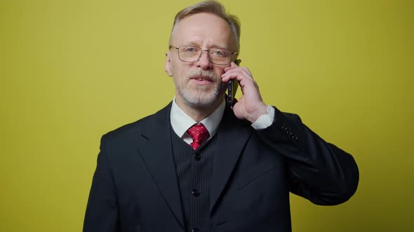 Portrait of smiling old businessman talking the cell phone. Cheerful mature man in costume talking o alt