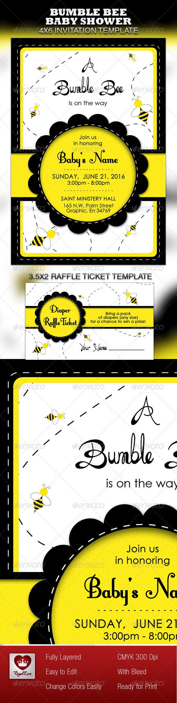 Bumble Bee Baby Shower Invitation & Raffle Ticket - Invitations Cards & Invites