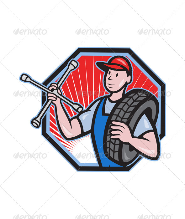 Mechanic With Tire Socket Wrench And Tire - People Characters