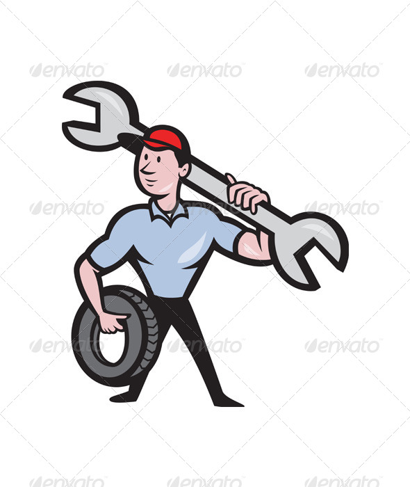 Mechanic With Spanner And Tire Wheel - People Characters