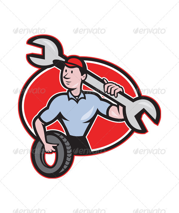Mechanic With Spanner and Tire Wheel - People Characters