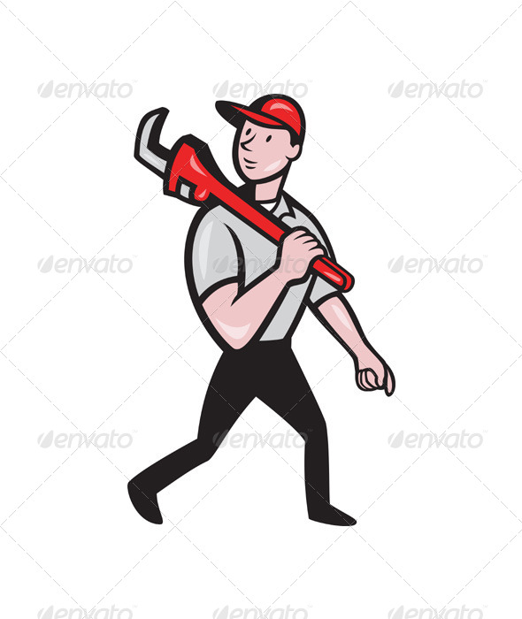 Plumber With Monkey Wrench Cartoon - People Characters