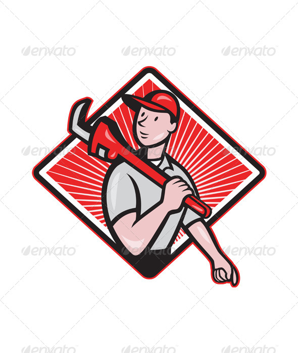 Plumber With Monkey Wrench Cartoon - People Characters