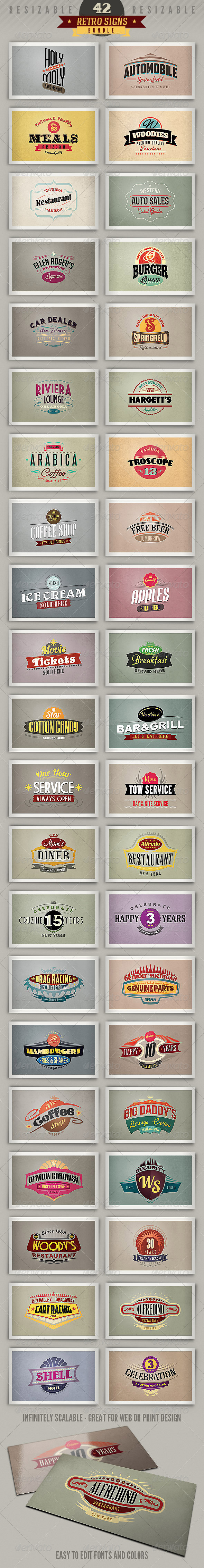 42 Retro Signs or Banners - Bundle - Badges & Stickers Web Elements
