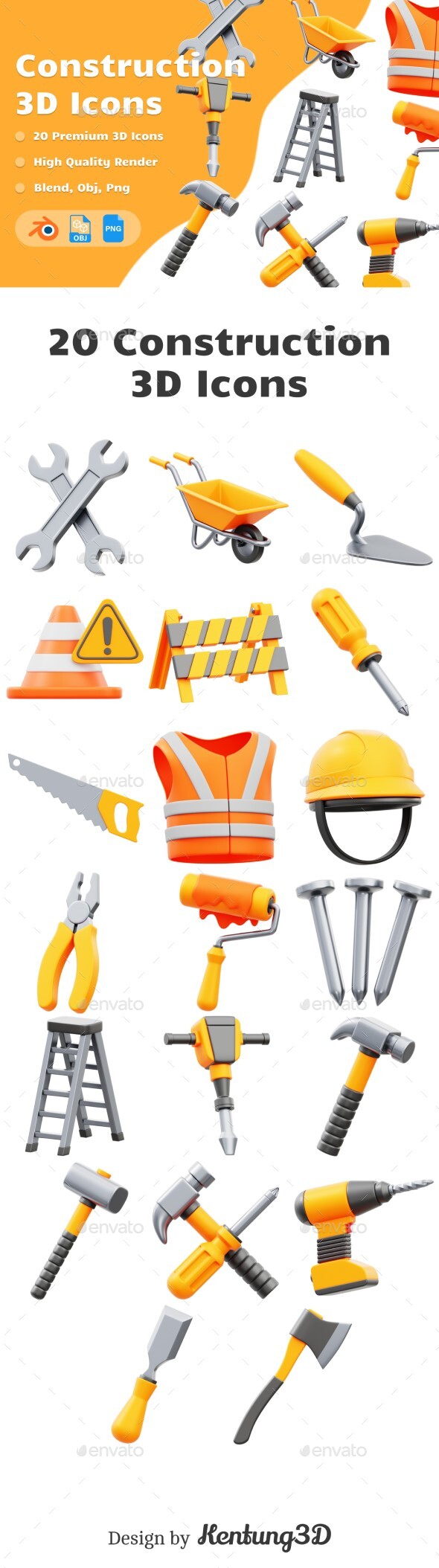 Construction Tool 3D Icons Set