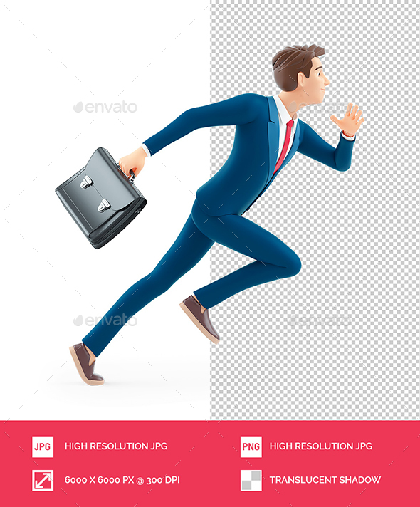3D Cartoon Businessman Running Very Fast with a Briefcase