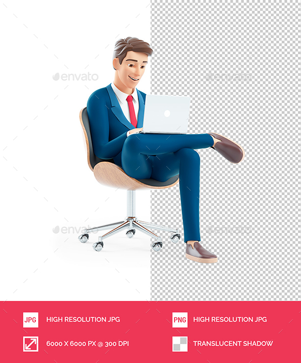 3D Cartoon Businessman Sitting in Chair with Laptop