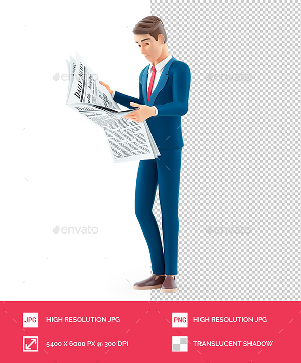3D Cartoon Businessman Standing and Reading a Newspaper