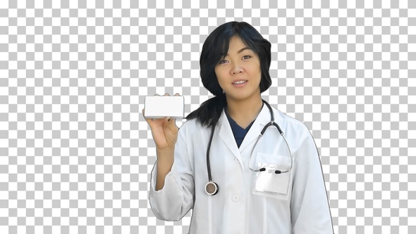 Asian female doctor showing a bottle of, Alpha Channel