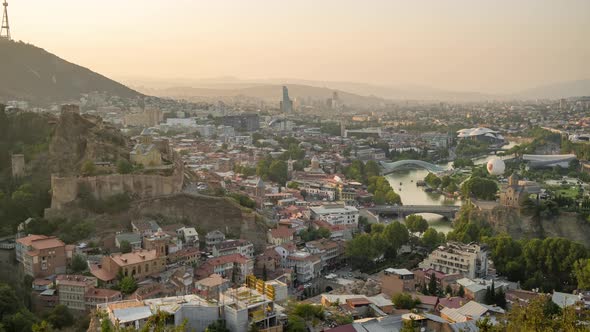 Day to Night Time Lapse Video of Tbilisi Cityscape Skyline Georgia alt