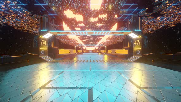 Flying into space technological tunnel, sci-fi corridor. Futuristic technology alt