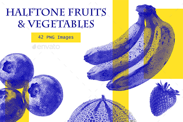 Halftone Fruit & Vegetables | 42 PNG Images