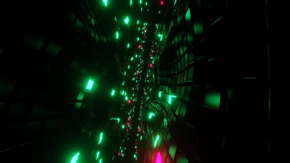 Glowing rotating green and red flashing neon squares.