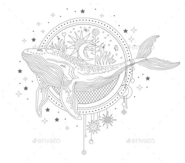 Celestial Whale Linear Hand Drawing Vector