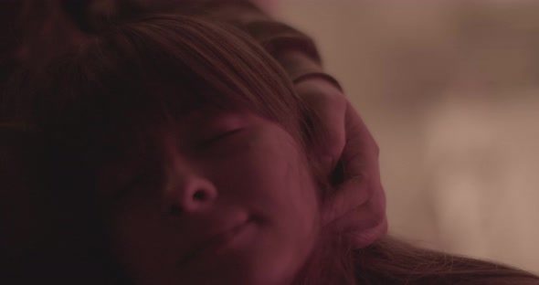 Hand Touches Hair and Scratches Girl Neck Night She Relaxes Touch Body alt