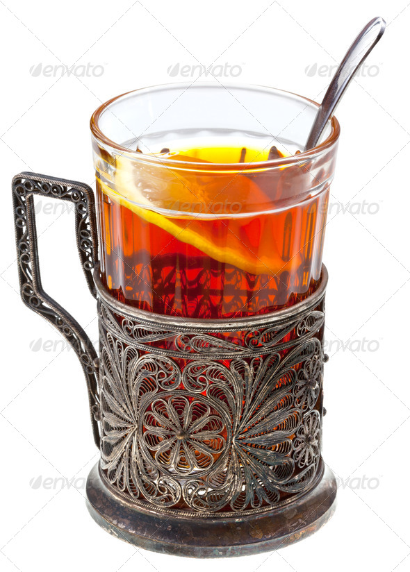 black tea with lemon in retro glass - Stock Photo - Images