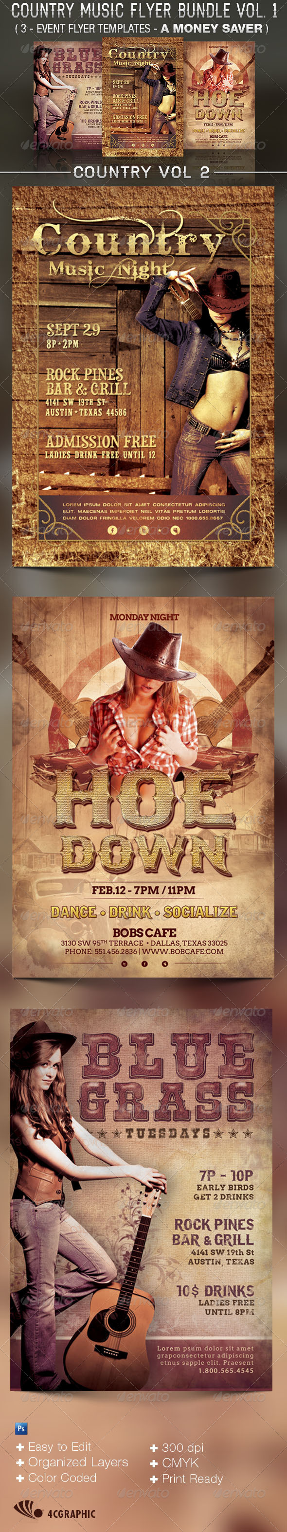 Country Music Flyer Templates Bundle Vol 2 - Flyers Print Templates