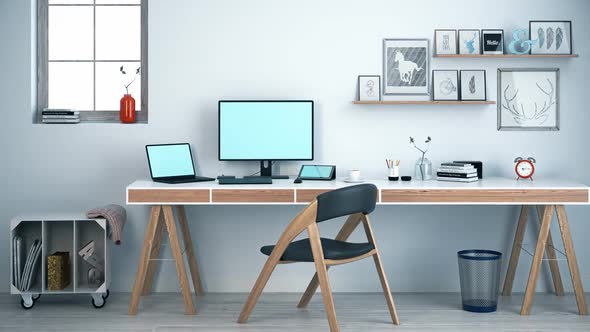 Light modern workplace with long desk and mobile devices. Home office.