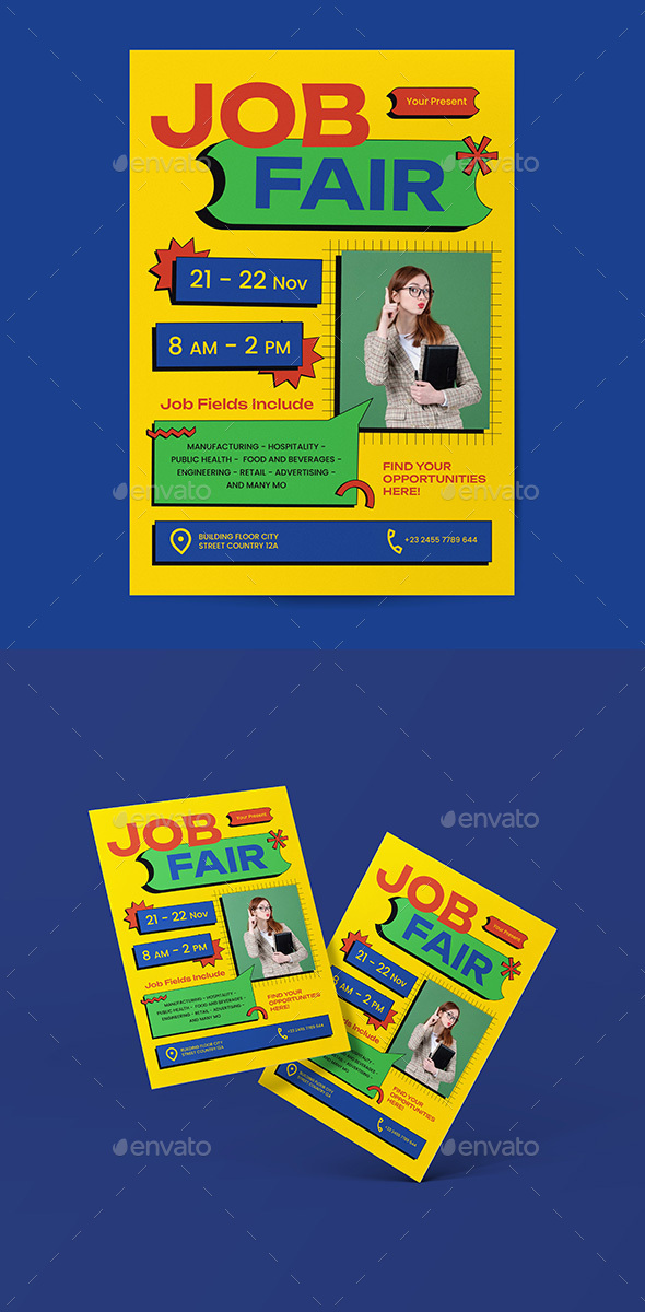 Yellow Blue Neo Brutalism Job Fair Information Flyer