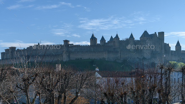 Carcassonne, the skyline of the citadel, Château Comtal and medieval buildings. - Stock Photo - Images