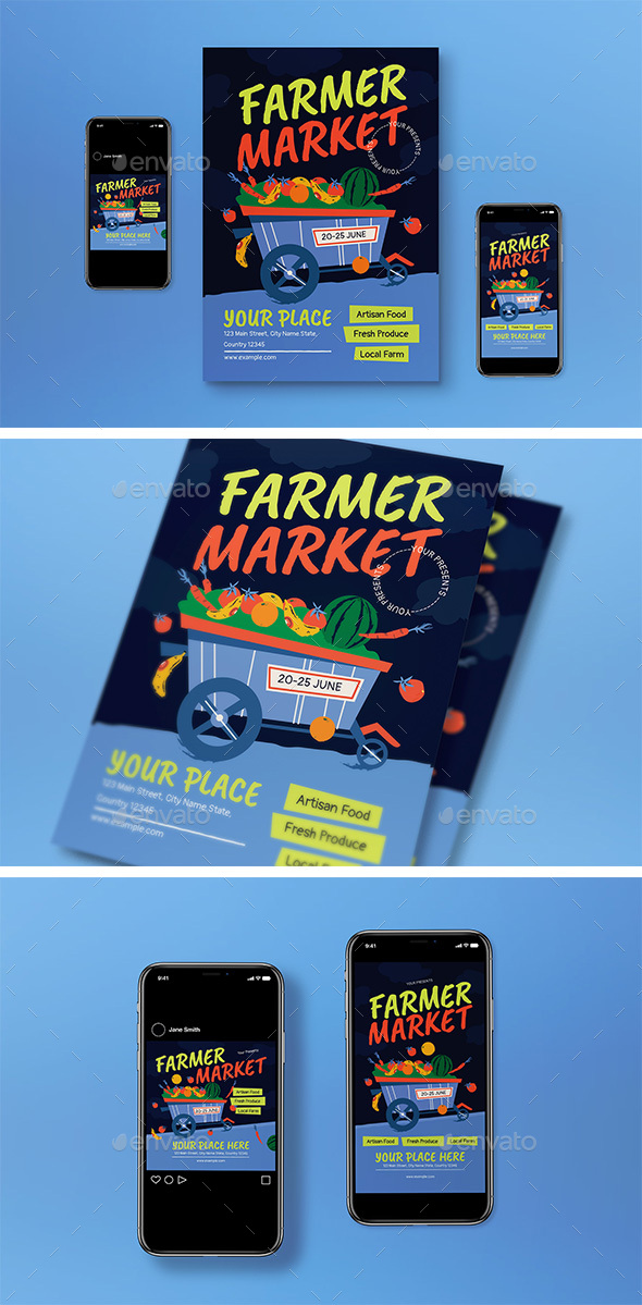 Dark Blue Flat Design Farmer Market Flyer Set