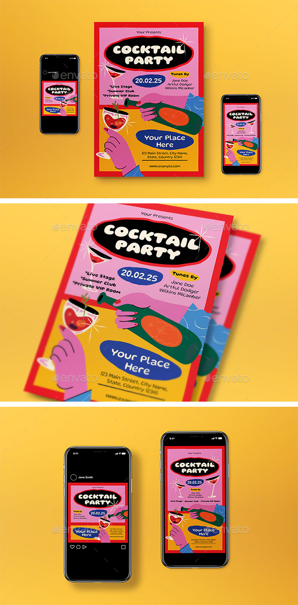 Red Flat Design Cocktail Party Flyer Set