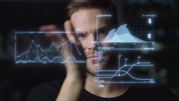 Futuristic Ceo Work Process Man Analysing Holographic Graphs Benefit Closeup alt
