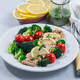Salmon steak with vegetables, baked salmon fillet with broccoli and tomato on plate, square format - PhotoDune Item for Sale
