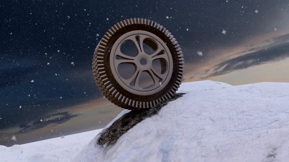 Car Winter Tire At The Top Of The Mountain