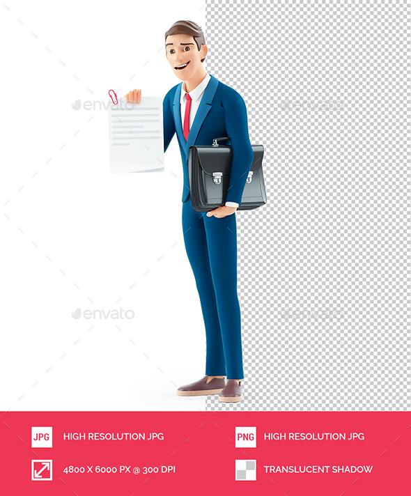 3D Cartoon Businessman Holding Completed Document