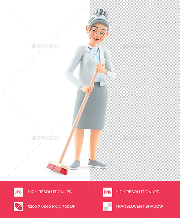 3D Cartoon Granny Pushing a Broom